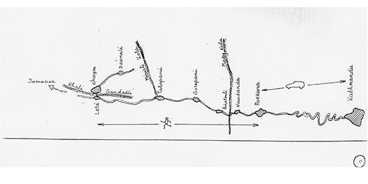 Czy już na samym początku ryzykować trudności związane z dojściem pod górę, ale za to potem byłaby łatwiejsza wspinaczka, chociaż w bardzo mroźnym cieniu?” Szkic przedstawiający trasę z Katmandu do miejscowości Choya
