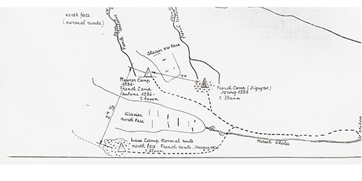 Studiowałem słowo po słowie wszystkie sprawozdania z poprzednich wypraw”. Szkic przedstawiający umiejscowienie baz poprzednich wypraw na Annapurnę