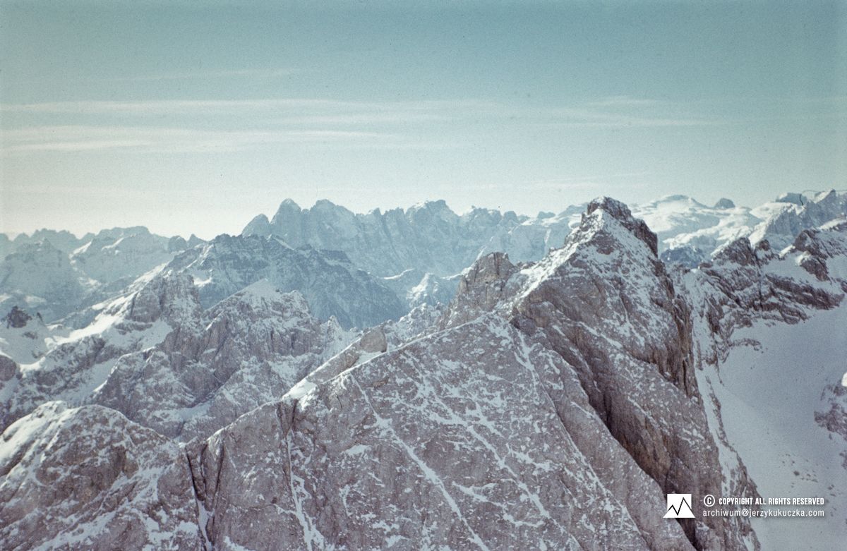 The landscape of the Dolomites captured while climbing the southern face of Marmolada.