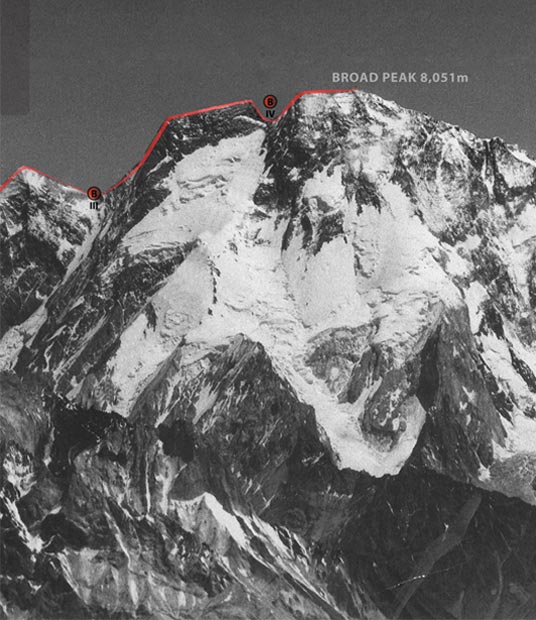 Opracowanie drogi trawersu trzech szczytów masywu Broad Peak przez Kukuczkę i Kurtykę.