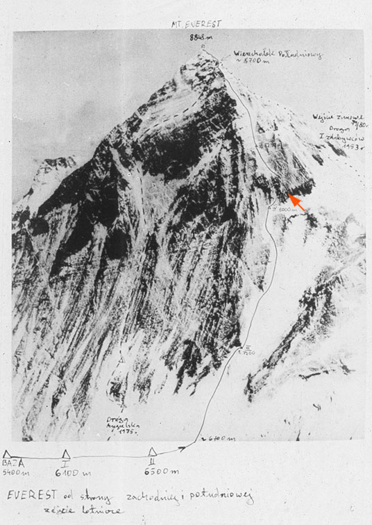 Rysunek przedstawiający opracowanie tras na Mount Everest Pomarańczowa strzałka wskazuje zasadniczy problem wspinaczkowy polskiej drogi na południowym filarze.