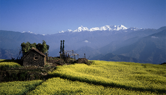 Droga do bazy obfitowała w malownicze widoki. W oddali widoczny masyw Kangchenjungi.