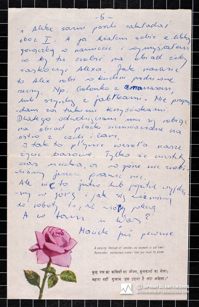 Strona piąta listu do Cecylii Kukuczki od Jurka z wyprawy na Makalu